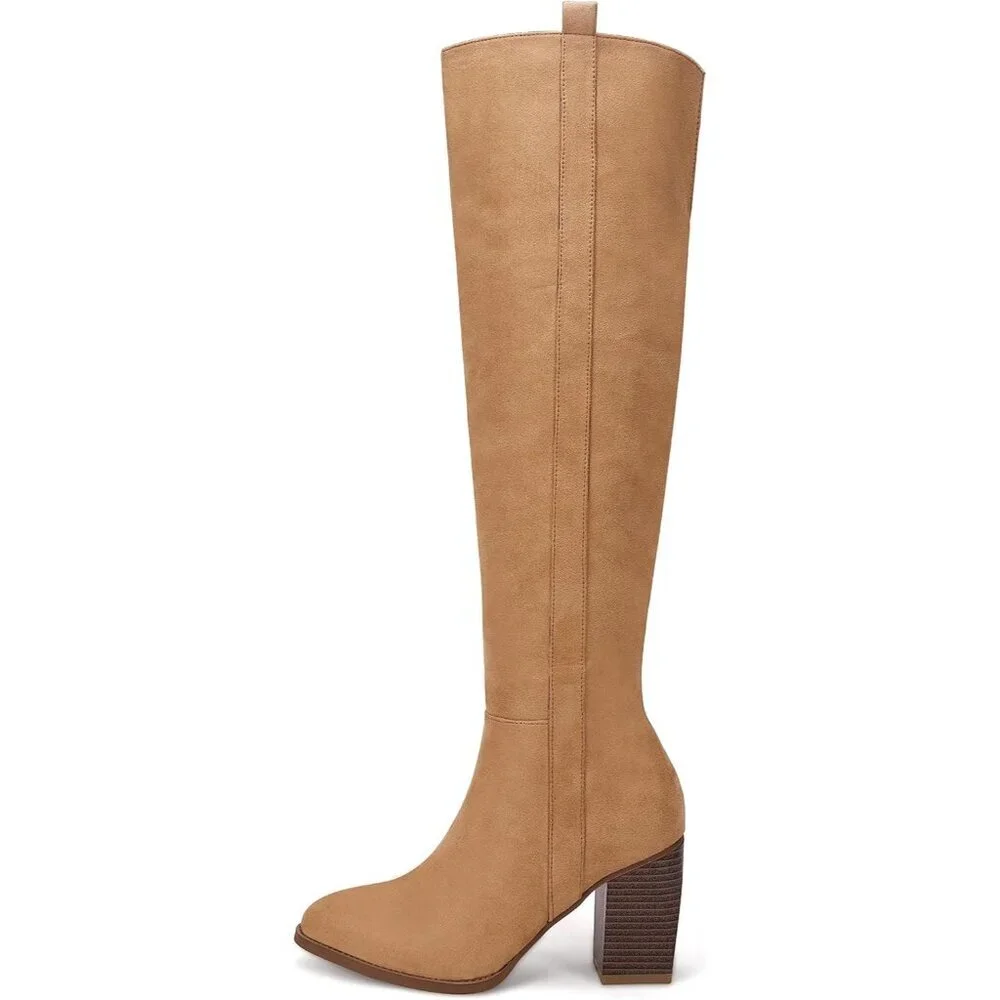 Womens Khaki Faux Suede Knee High Side Zipper Chunky Heel Winter Stretch Boots